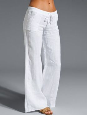 Pantalon Long Décontracté Jambe Large en Couleur Unie Taille à Cordon avec Poches
