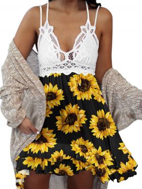 Sunflower Print Sundress Hollow Out Floral Lace Dress High Waisted Layered A Line Mini Dress