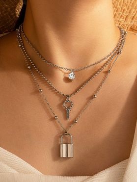 Lock Key Rhinestone Geometric Charms Alloy Solid Color Layered Necklace