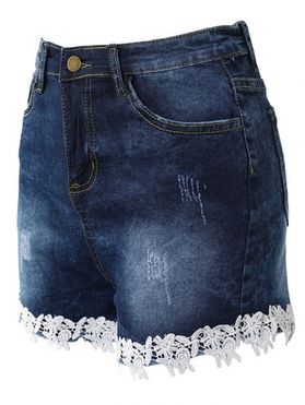 Contrast Crochet Flower Lace Denim Shorts Stitching Scratch Multi Pockets Casual Jean Shorts