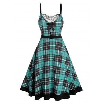 

Vintage Dress Plaid Print A Line Dress Flower Lace Insert Front Knot Belted Midi Dress, Green