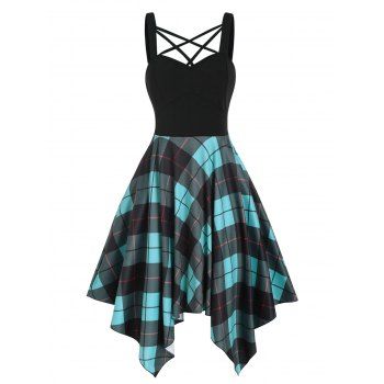 

Plaid Print Asymmetric Midi Dress Crisscross Sleeveless Backless Empire Waist Handkerchief Dress, Green