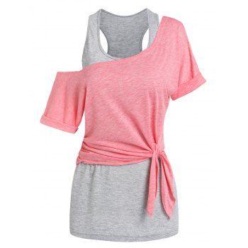 

Skew Collar Knot T-shirt and Racerback Tank Top Set, Light pink