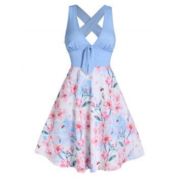 Flower Bee Print Mini Dress Plunging Neck Bowknot Summer Dress Crossover Cut Out A Line Dress
