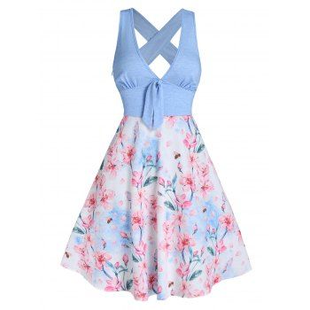 

Flower Bee Print Mini Dress Plunging Neck Bowknot Summer Dress Crossover Cut Out A Line Dress, Light blue