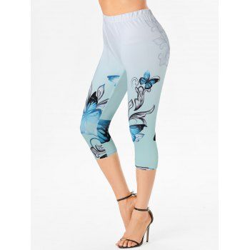 

Ombre Flower Butterfly Print Capri Leggings Skinny High Waist Cropped Leggings, Light green