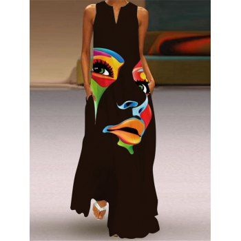 

Colorful Figure Face Pop Art Print Maxi Dress Notched Neck Sleeveless Long Shift Dress, Black