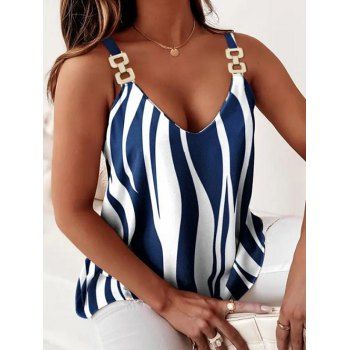 

Contrast Stripe Print Nautical Tank Top Geometric Buckle Straps Plunging Neck Tank Top, Deep blue