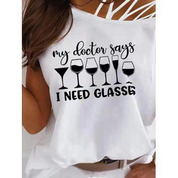 

Contrast Slogan Galsses Print Graphic T Shirt Crisscross Skew Collar Short Sleeve Tee, White