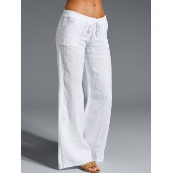 

Pure Color Wide Leg Pants Drawstring Waist Pockets Long Casual Bohemian Relaxed Pants, White