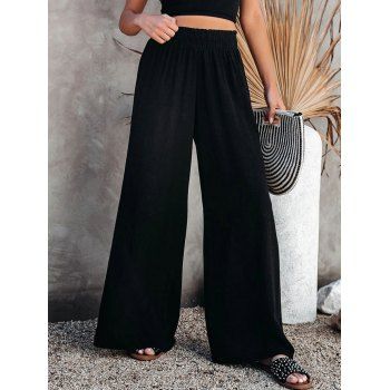 

Solid Color Pants Casual Pants Wide Leg Ruffle Ruched Elastic Waist Long Pants, Black
