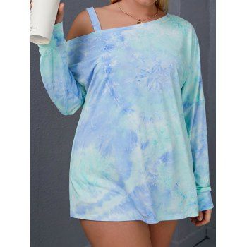 

Plus Size T Shirt Tie Dye T Shirt Long Sleeve Skew Neck Drop Shoulder Casual Tee, Multicolor