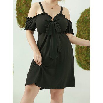 

Plus Size Dress Cold Shoulder Ruffled Puff Sleeve Mini Dress Bowknot Plunge Empire Waist A Line Dress, Black