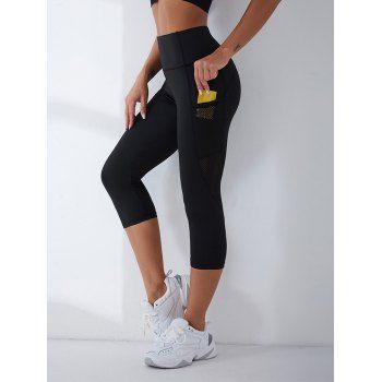 

Sports Capri Leggings Solid Color Elastic High Waisted Hollow Out Pockets Skinny Casual Leggings, Black