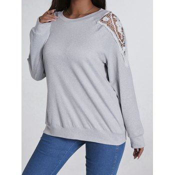 

Plus Size & Curve T Shirt Hollow Out Crochet Flower Lace Insert T-shirt Raglan Sleeve Casual Tee, White