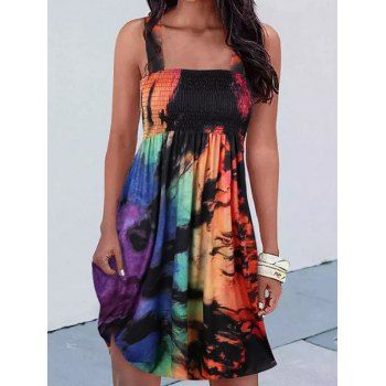 

Tie Dye Dress Shirred Dress High Waisted Strap A Line Mini Vacation Dress, Black