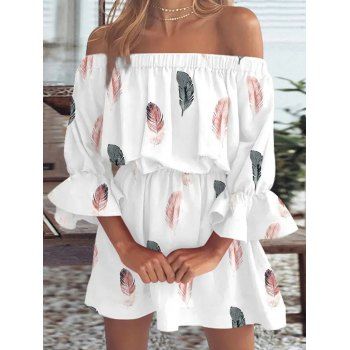 

Off the Shoulder Dress Feather Print Dress Flare Sleeve High Waisted A Line Mini Dress, White