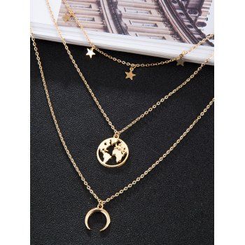 Fashion Women Vacation Necklace Map Print Geometric Star Moon Charms Layered Necklace Jewelry Online Golden