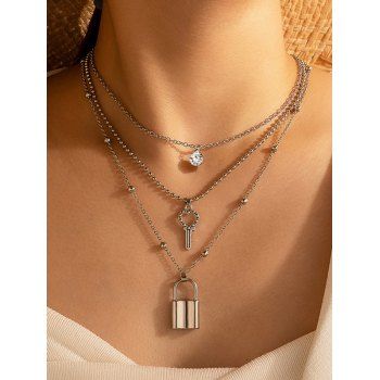 

Lock Key Rhinestone Geometric Charms Alloy Solid Color Layered Necklace, Silver