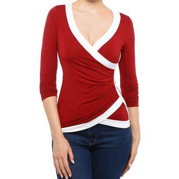 

Casual T Shirt Colorblock T Shirt Surplice Plunging Neck Long Sleeve Tee, Red