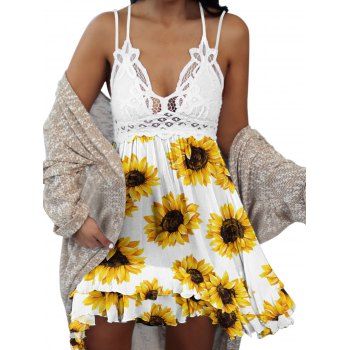 

Vacation Sundress Sunflower Print Dress Hollow Out Floral Lace Insert Layered A Line Mini Dress, White