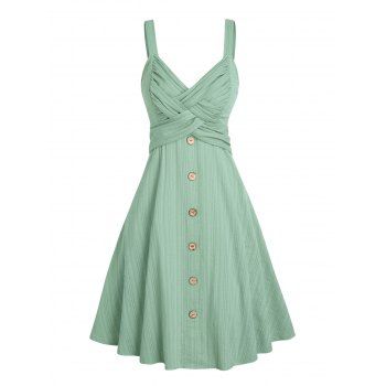 

Crisscross A Line Mini Casual Dress Plain Color Mock Buttons High Waist Summer Dress, Light green