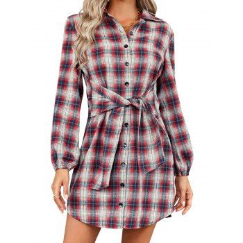 

Vintage Dress Shirt Dress Plaid Print Turn Down Collar Tied Front A Line Mini Button-up Dress, Red