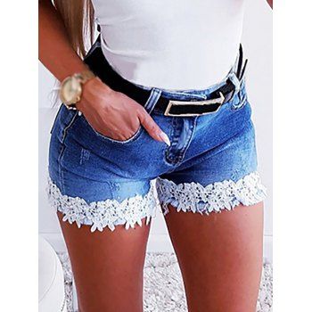 

Contrast Crochet Flower Lace Denim Shorts Stitching Scratch Multi Pockets Casual Jean Shorts, Light blue