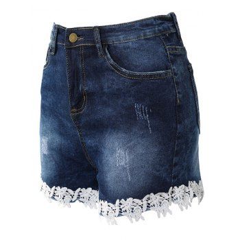 

Contrast Crochet Flower Lace Denim Shorts Stitching Scratch Multi Pockets Casual Jean Shorts, Deep blue