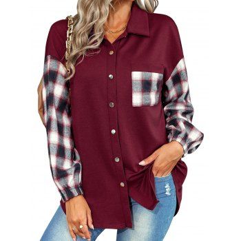 

Casual Shirt Plaid Print Panel Front Pocket Long Sleeve Turn Down Collar Button-up Shirt, Deep red