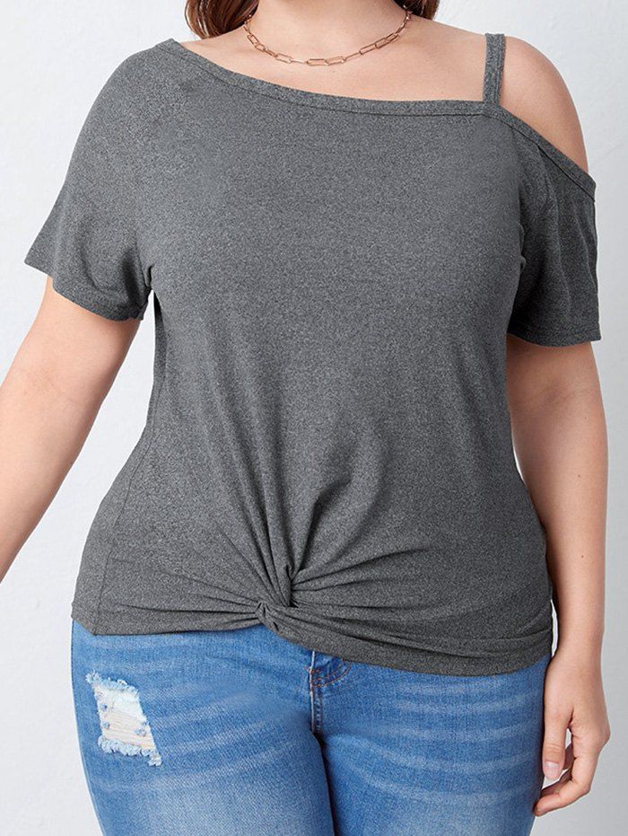 T-shirt D'Eté Décontracté à Manches Raglan de Grande Taille à Col Oblique - Gris Foncé 4XL