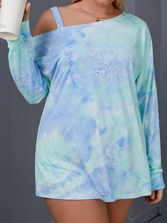 T-shirt Décontracté Teinté Manches Longues Grande Taille à Col Oblique - multicolor 1XL