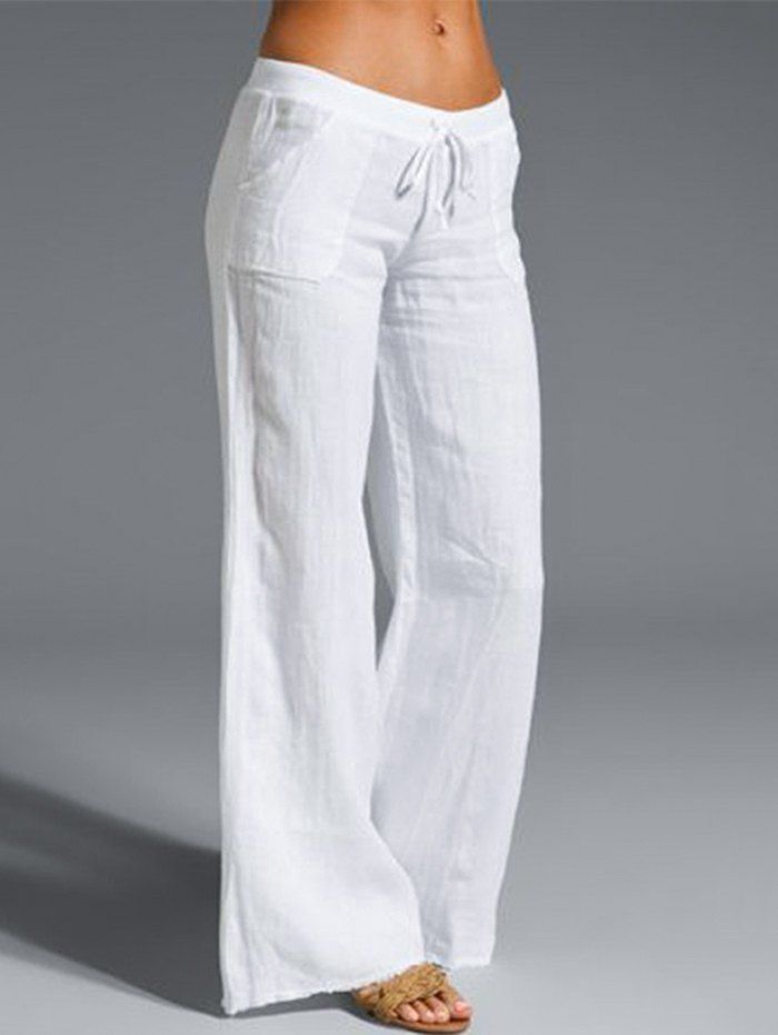 Pantalon Long Décontracté Jambe Large en Couleur Unie Taille à Cordon avec Poches - Blanc L