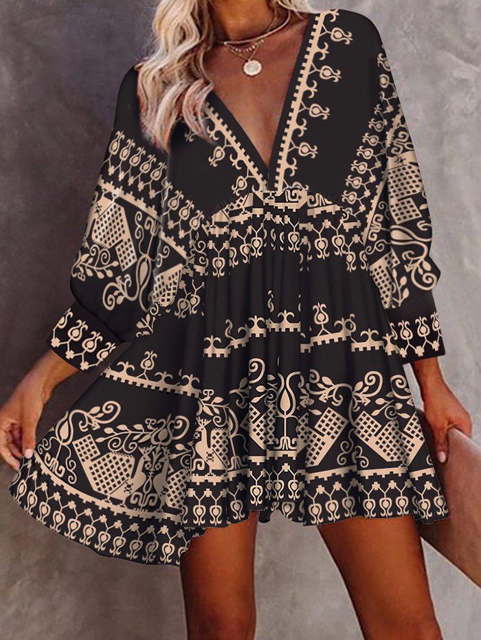 Tribal Pattern Print Ethnic Dress Plunging Neck Empire Waist Mini Dress Raglan Sleeve Tunic Dress - BLACK XXL