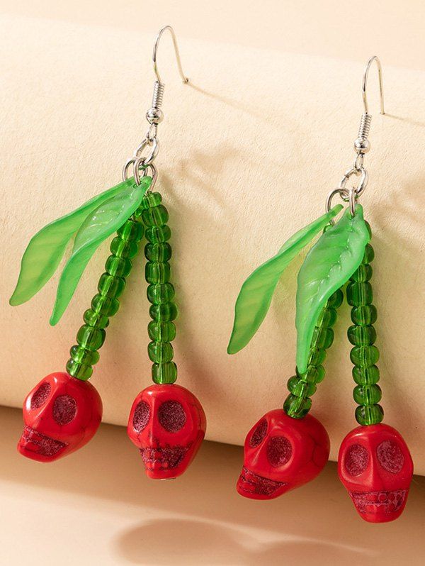 Boucles D'Oreilles Pendantes Crochets Motif Crâne en Perles et Feuilles D'Halloween - multicolor 