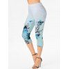 Legging Corsaire Moulant Ombré à Imprimé Papillon Fleur à Taille Haute - Vert clair XL