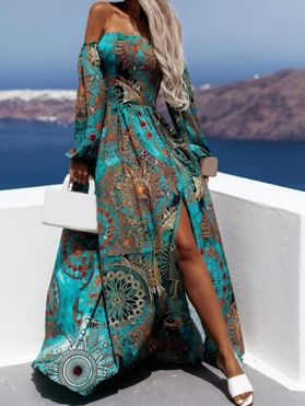 Ethnic Tribal Totem Print Maxi Dress High Slit Shirred Back Strapless Dress Lantern Sleeve Open Shoulder Long Dress