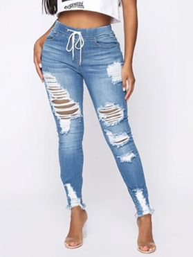 Ripped Jeans Light Wash Jeans Frayed Hem Drawstring Pockets High Waisted Casual Denim Pants