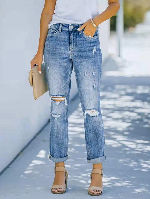Ripped Jeans Zipper Fly Pockets Light Wash Jeans Straight Leg Casual Denim Pants