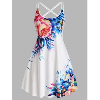 

Flower Print Mini Dress Strappy Cross Back Cami Dress Vacation A Line Dress, White