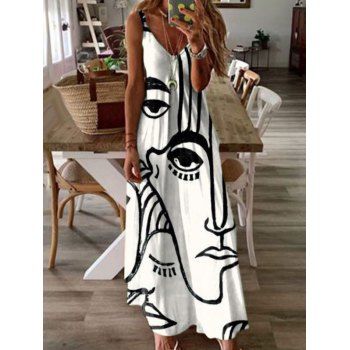 

Contrast Abstract Face Print Maxi Dress Adjustable Shoulder Strap Tank Dress V Neck Casual Long Dress, White