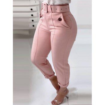 

Pure Color Belted Pants Zip Fly Mock Button Long Casual Pants, Light pink