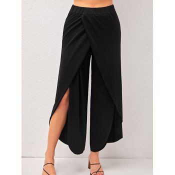 

Casual Pants Solid Color Slit Wide Leg Pants Elastic High Waisted Summer Pants, Black