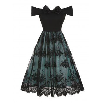 

Flower Lace Overlay Party Dress Off The Shoulder Mini Dress Bowknot A Line Dress, Green