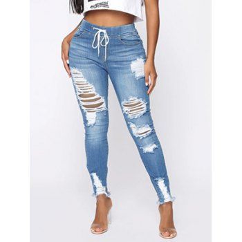 

Ripped Jeans Light Wash Jeans Frayed Hem Drawstring Pockets High Waisted Casual Denim Pants, Light blue