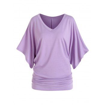 

Solid Color T Shirt Casual T Shirt V Neck Bat Sleeve Ruched Loose Summer Tee, Light purple