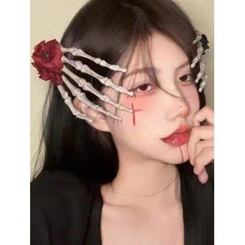 

2 Pcs Gothic Hair Clips Skeleton Hand Rose Halloween Hair Accessories, Silver