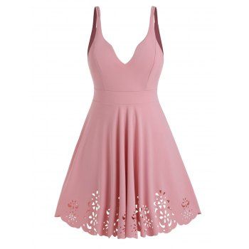 

Plus Size & Curve Dress Solid Color Dress Laser Cut Out Plunge A Line Mini Casual Dress, Light pink