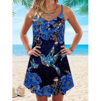 

Casual Dress Bird Flower Galaxy Print Sleeveless A Line Mini Summer Dress, Blue