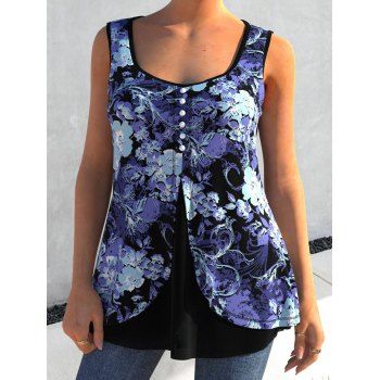 Floral Printed Mock Button Slit Summer Casual Tank Top